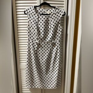 White sheath dress with black polka dots